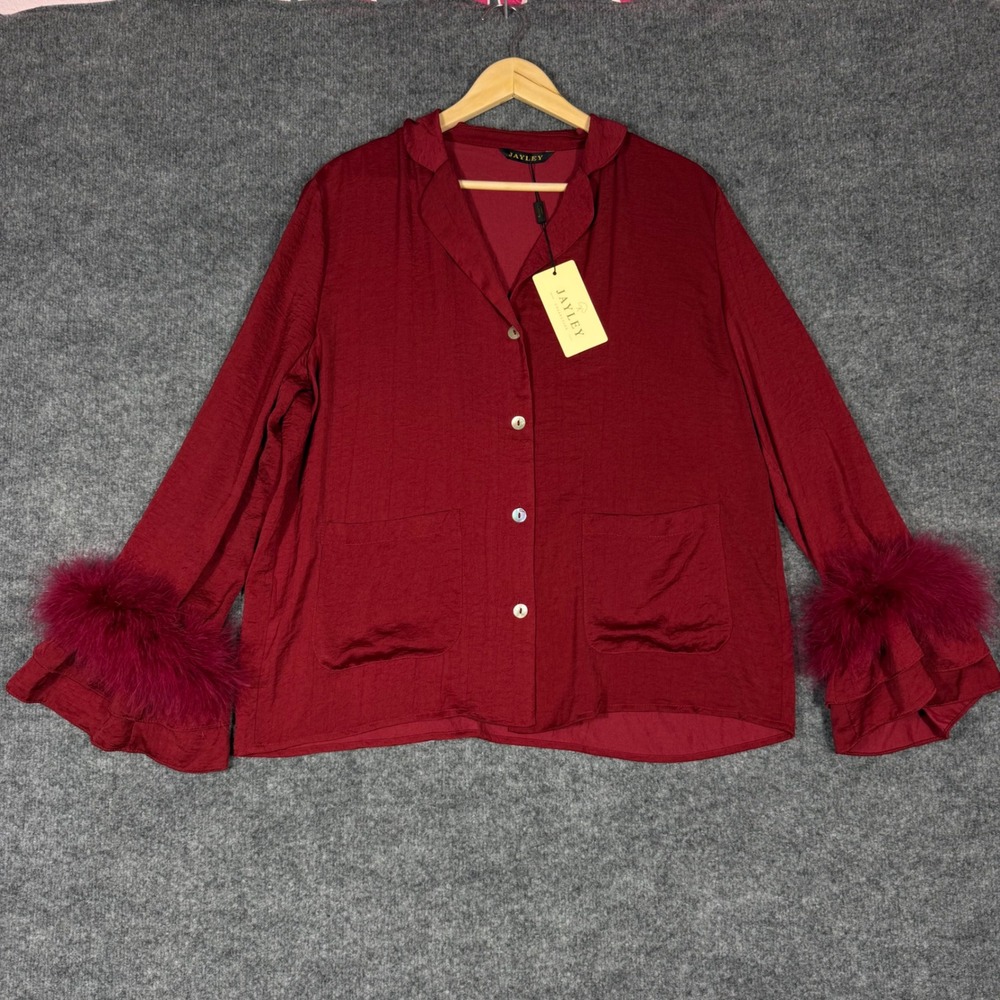 Jayley Feather Trim Pajama Top Womens OS Red Silk Viscose Glam Luxury Retro NWT
